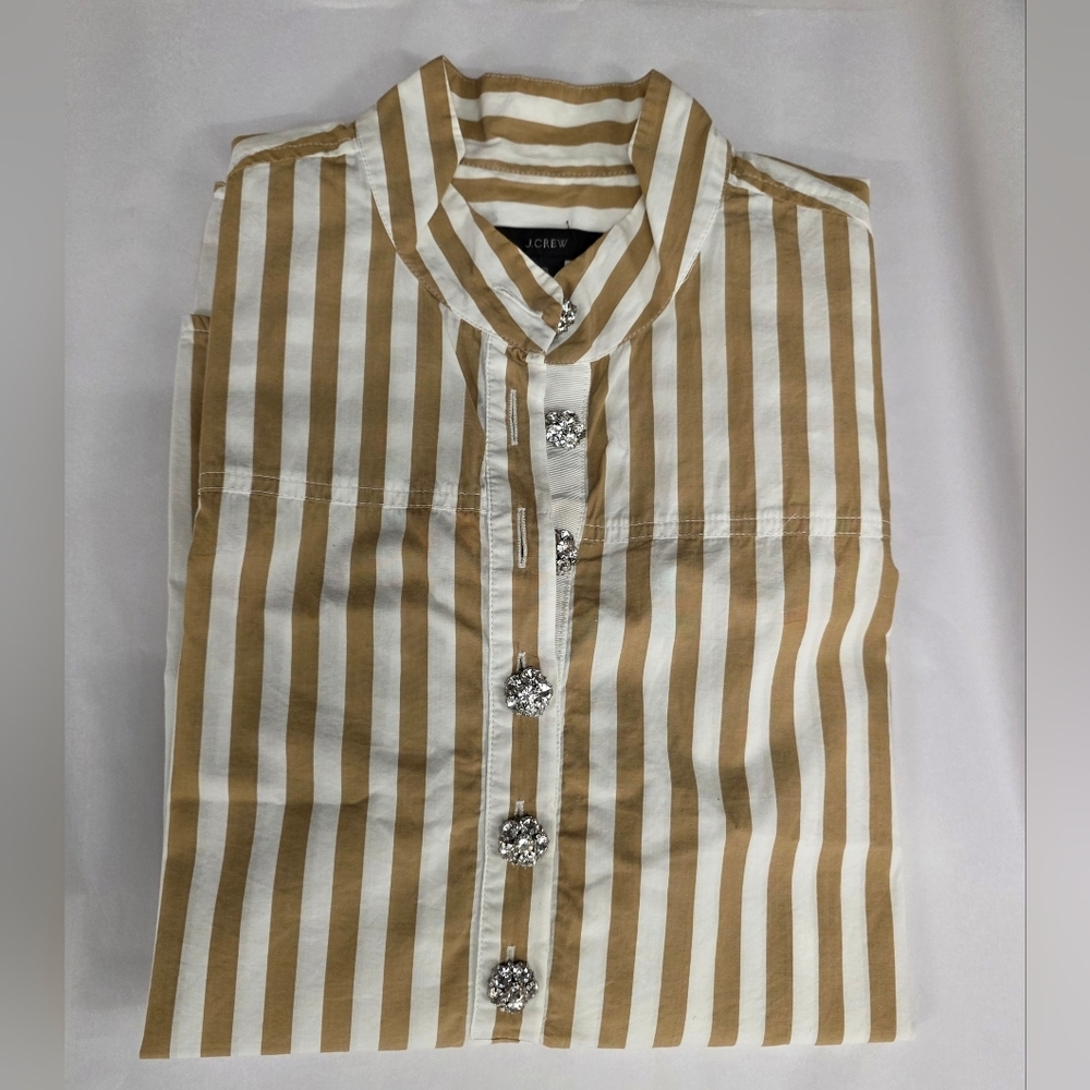 J Crew Cotton poplin popover tunic with Golden Tan White jeweled buttons Size 6